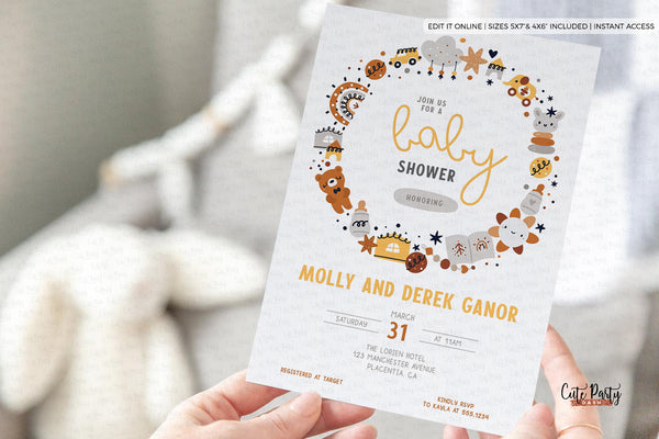 Boho Baby Boy Shower Invitation - Digital Download