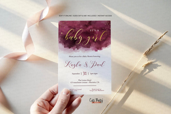Burgundy Gold Watercolor Girl Baby Shower Invitation - Digital Download