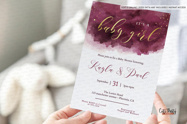 Burgundy Gold Watercolor Girl Baby Shower Invitation - Digital Download