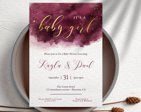 Burgundy Gold Watercolor Girl Baby Shower Invitation - Digital Download