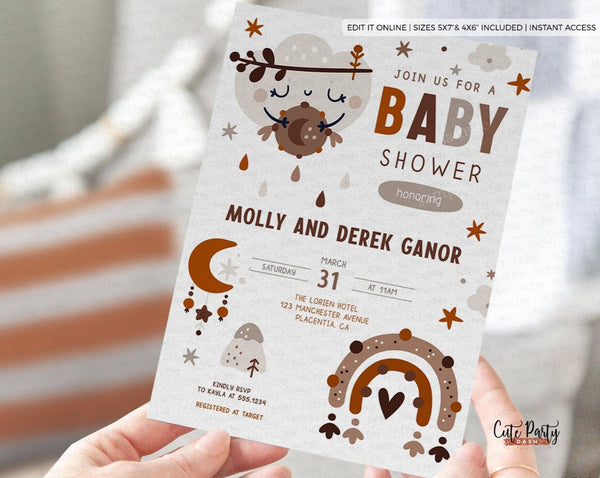 Boho Rainbow & Cloud Baby Shower Invitation - Digital Download