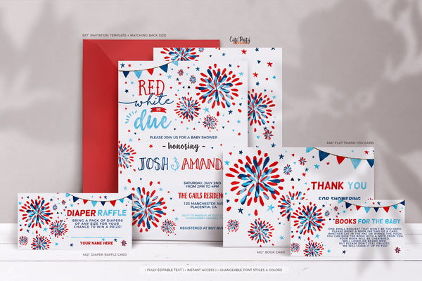 Red White and Due Baby Shower Invitation Bundle Independence Day Baby Shower Theme
