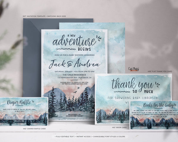 Adventure Begins Baby Shower Invitation set - Digital Download