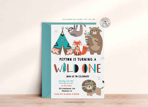 Wild one First Birthday Party invitation, Tribal Woodland printable First Birthday invite, Scandinavian Boho, - Instant Download