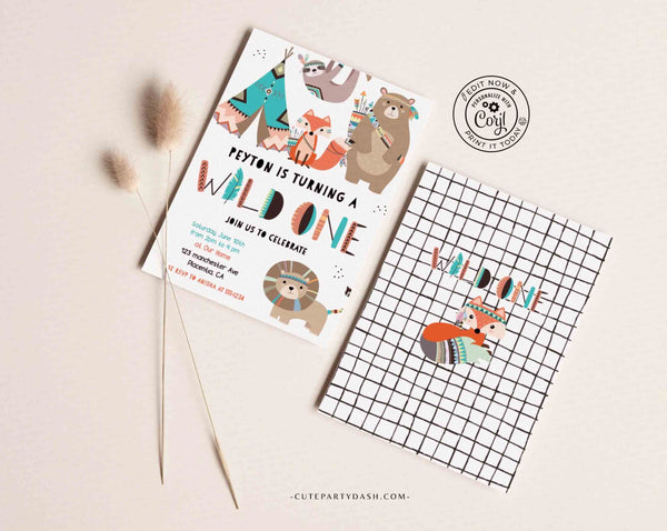 Wild one First Birthday Party invitation, Tribal Woodland printable First Birthday invite, Scandinavian Boho, - Instant Download