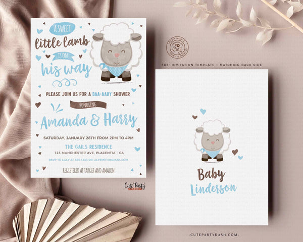 Little Lamb Baby Boy Shower Invitation Template, Sheep Baby Shower - Digital Download