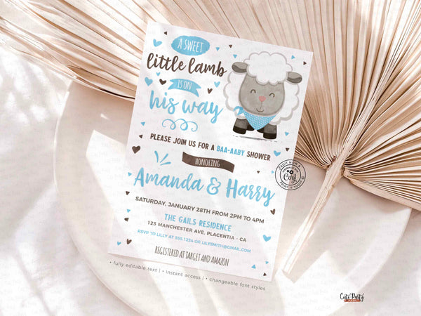Little Lamb Baby Boy Shower Invitation Template, Sheep Baby Shower - Digital Download