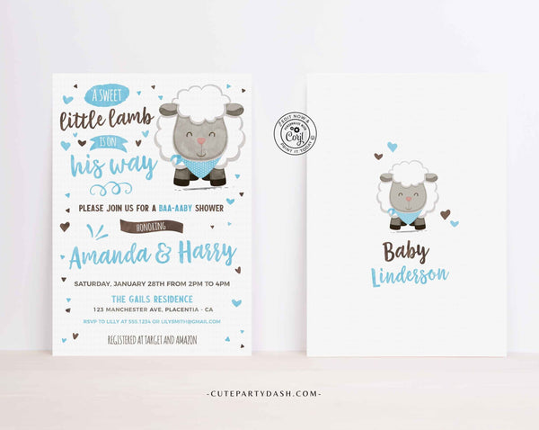 Little Lamb Baby Boy Shower Invitation Template, Sheep Baby Shower - Digital Download