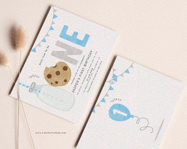 Minimalist Blue Milk and Cookies Birthday invitation - Digital Download