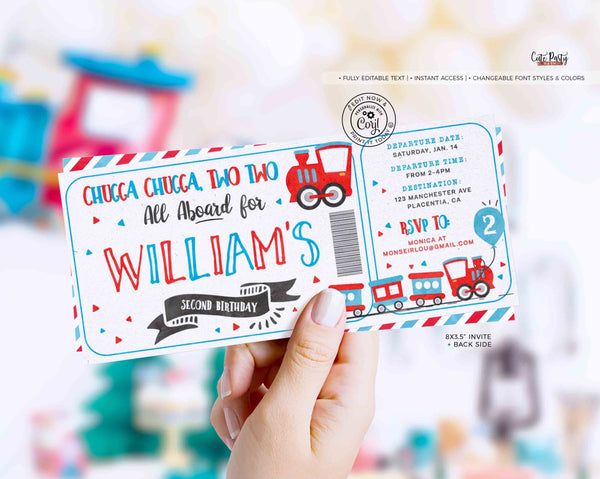 EDITABLE Chugga Chugga Choo choo Train Birthday Party ticket invitation, Second Birthday two two train Boarding Pass- Instant Download