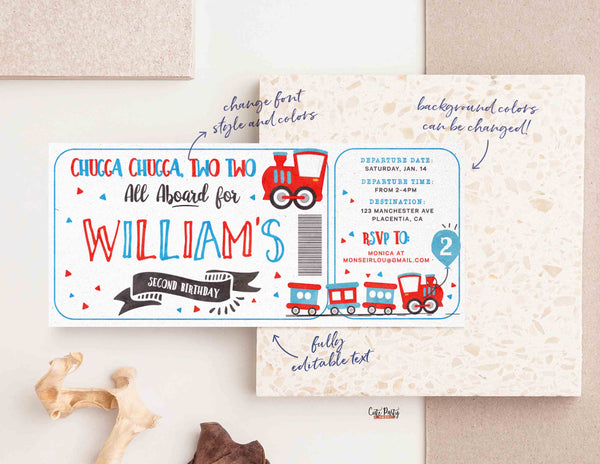 EDITABLE Chugga Chugga Choo choo Train Birthday Party ticket invitation, Second Birthday two two train Boarding Pass- Instant Download