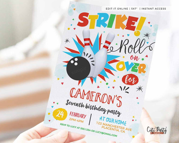 Editable Watercolor Bowling Birthday boy girl Invitation - Instant Download