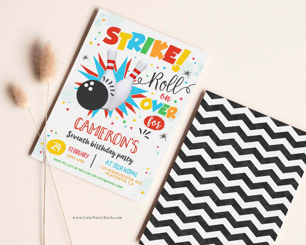 Editable Watercolor Bowling Birthday boy girl Invitation - Instant Download