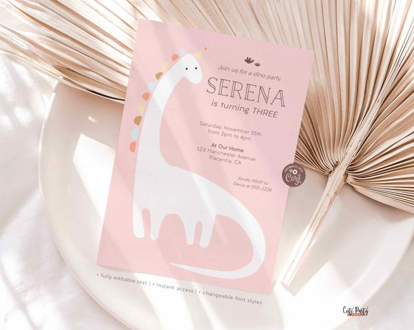 Minimalist Dinosaur Birthday Girl Invitation, Dinosaur party invite Template - Digital Download