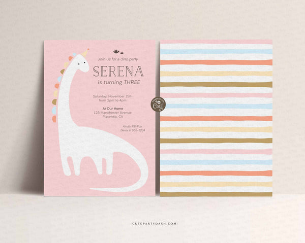 Minimalist Dinosaur Birthday Girl Invitation, Dinosaur party invite Template - Digital Download
