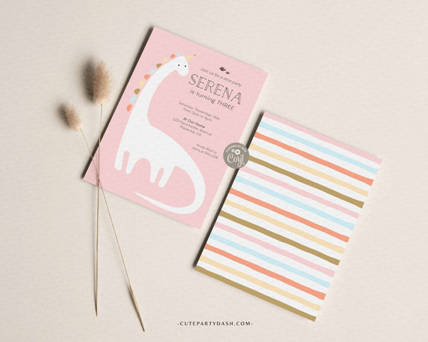Minimalist Dinosaur Birthday Girl Invitation, Dinosaur party invite Template - Digital Download