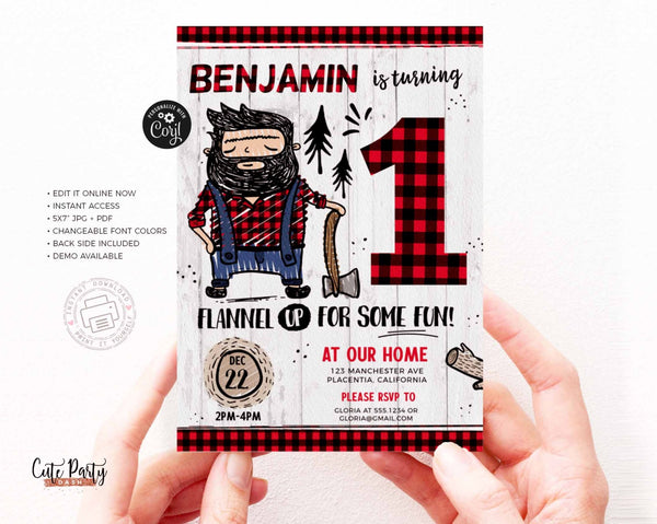 Lumberjack First Birthday Party invitations, Buffalo Plaid Lumberjack Printable Birthday Invite - Instant Download