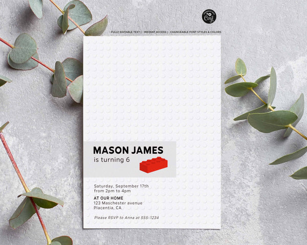 Modern Minimalist Lego Bricks Building Blocks Birthday Party Invitation - Digital Download