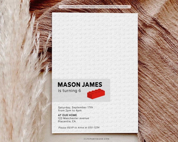 Modern Minimalist Lego Bricks Building Blocks Birthday Party Invitation - Digital Download