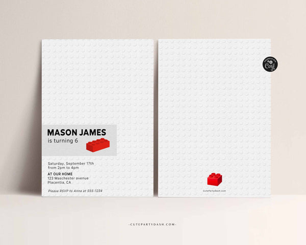 Modern Minimalist Lego Bricks Building Blocks Birthday Party Invitation - Digital Download
