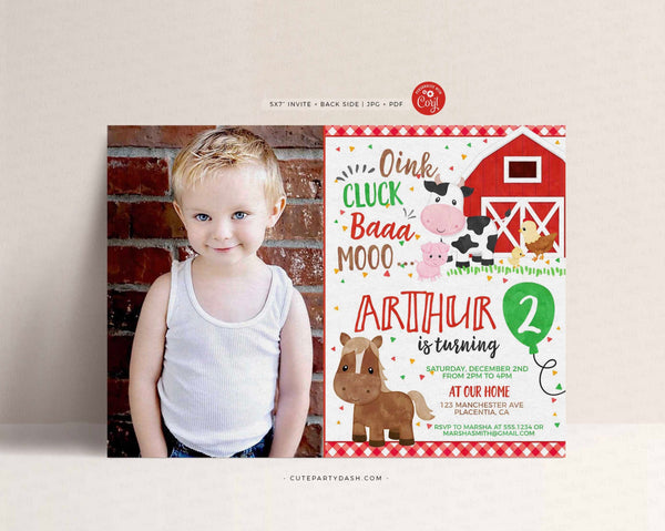 Red Barnyard Birthday Party Farm Photo Invitation - Instant Download