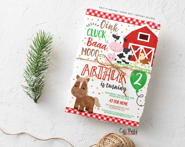 Red Barnyard Birthday Party Farm Invitation - Digital Download
