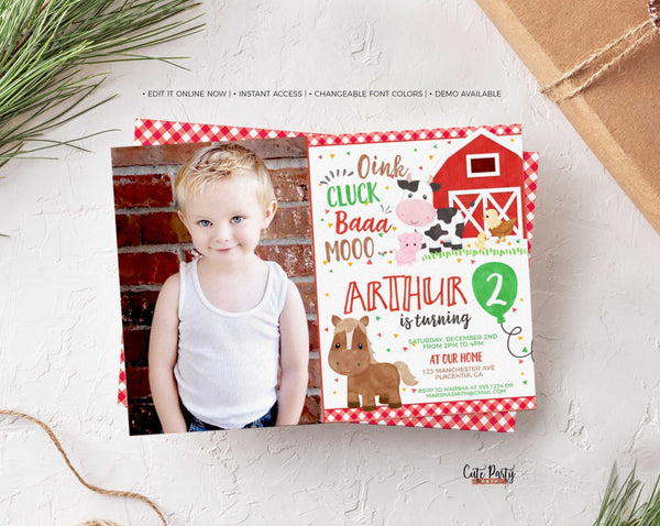Red Barnyard Birthday Party Farm Photo Invitation - Instant Download