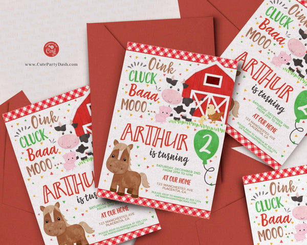 Red Barnyard Birthday Party Farm Invitation - Digital Download