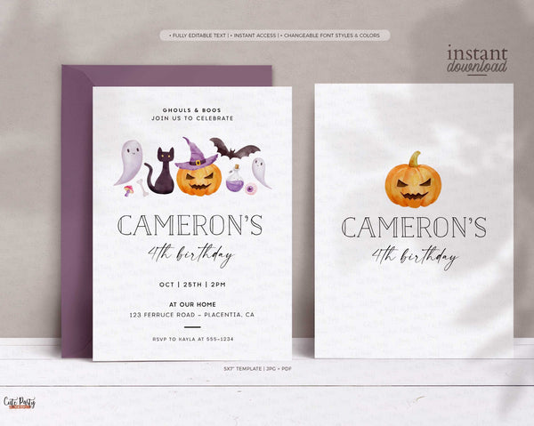 Modern Halloween Birthday invitation, Minimalist Halloween Party Editable Invitation, Watercolor Minimal Halloween 397 INSTANT DOWNLOAD