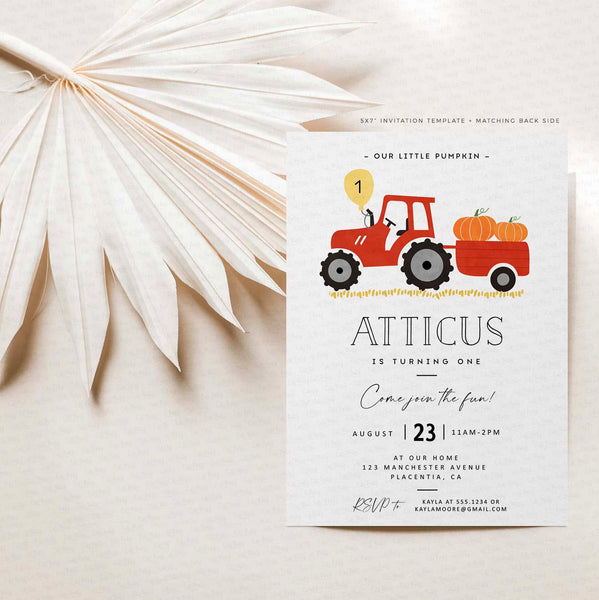 Red Tractor Pumpkin Birthday Party Invitation - Instant Download