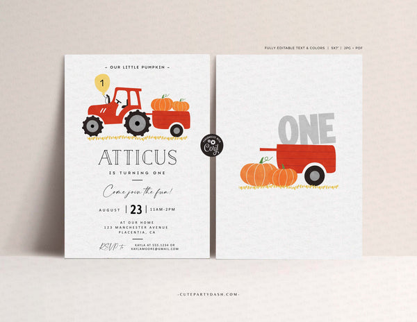 Red Tractor Pumpkin Birthday Party Invitation - Instant Download