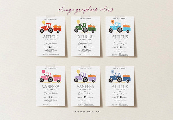 Green Tractor Pumpkin Birthday Party Invitation - Instant Download