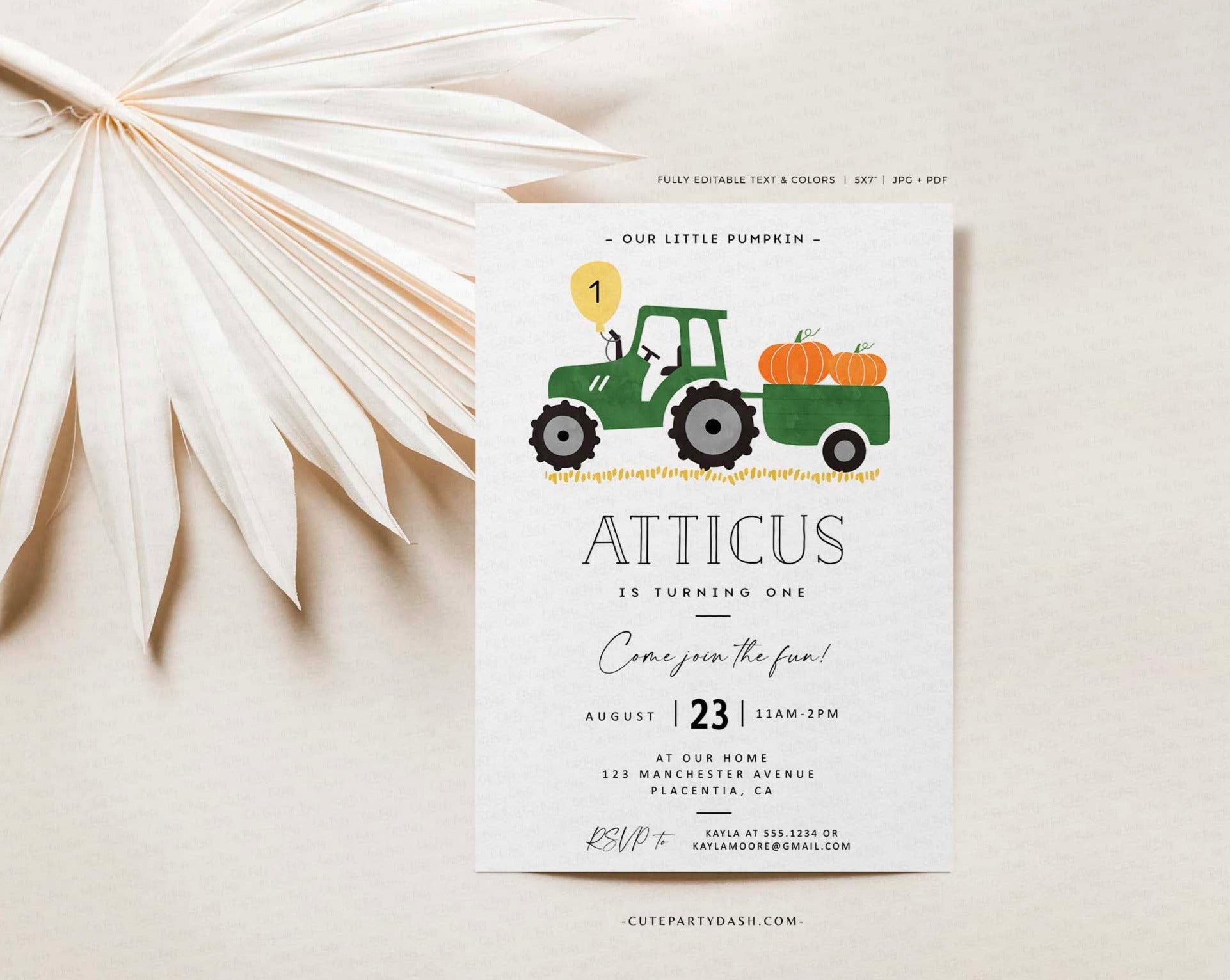 Green Tractor Pumpkin Birthday Party Invitation - Instant Download – Cute  Party Dash, image size:1922x1532