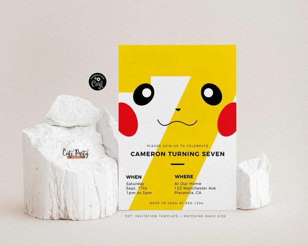 Modern Minimalist Pikachu Pokemon Birthday Invitation