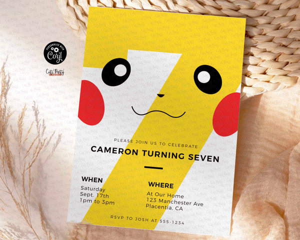 Modern Minimalist Pikachu Pokemon Birthday Invitation