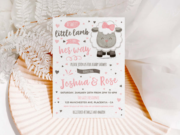 Little Lamb Baby Girl Shower Invitation Template, Sheep Baby Shower - Digital Download