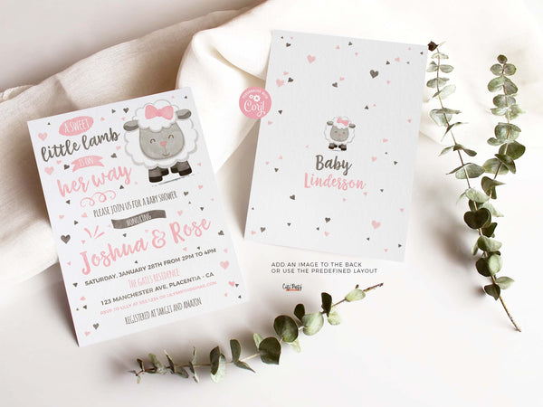 Little Lamb Baby Girl Shower Invitation Template, Sheep Baby Shower - Digital Download