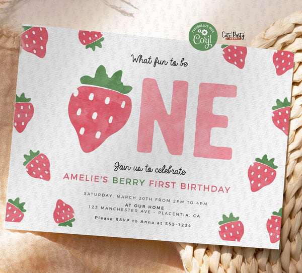 Strawberry Berry First Birthday Party invitation - Digital Download