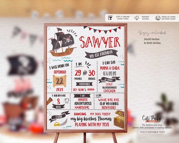 Pirate Birthday Party Chalkboard Sign Milestone Baby Poster