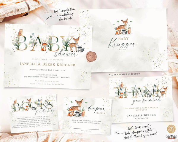 Woodland Greenery Baby Shower invitation Bundle