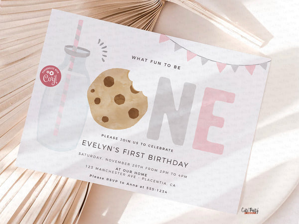 Minimalist Pink Milk and Cookies Birthday invitation - Digital Download
