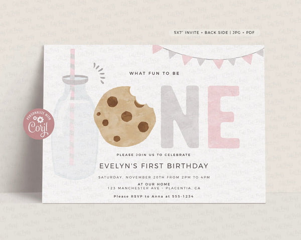 Minimalist Pink Milk and Cookies Birthday invitation - Digital Download