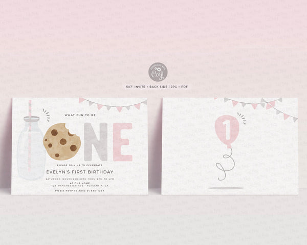 Minimalist Pink Milk and Cookies Birthday invitation - Digital Download