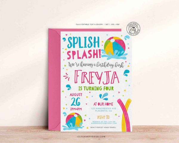 Editable Pool party invitation template Girl INSTANT DOWNLOAD Printable Pool Birthday Summer Theme digital invitation Beach Ball invite
