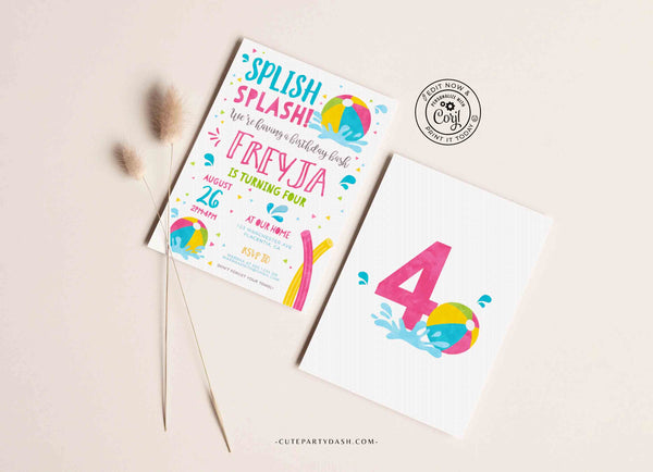Editable Pool party invitation template Girl INSTANT DOWNLOAD Printable Pool Birthday Summer Theme digital invitation Beach Ball invite