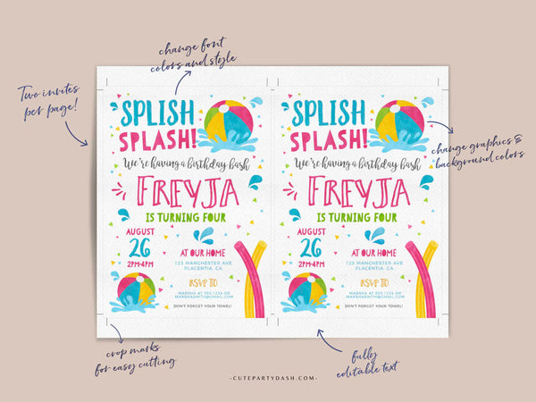 Editable Pool party invitation template Girl INSTANT DOWNLOAD Printable Pool Birthday Summer Theme digital invitation Beach Ball invite