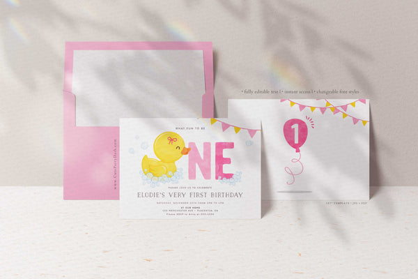 Rubber Duck Girl First birthday Party invitation- Digital Download
