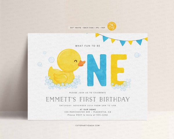 Rubber Duck First birthday Party invitation- Instant Download