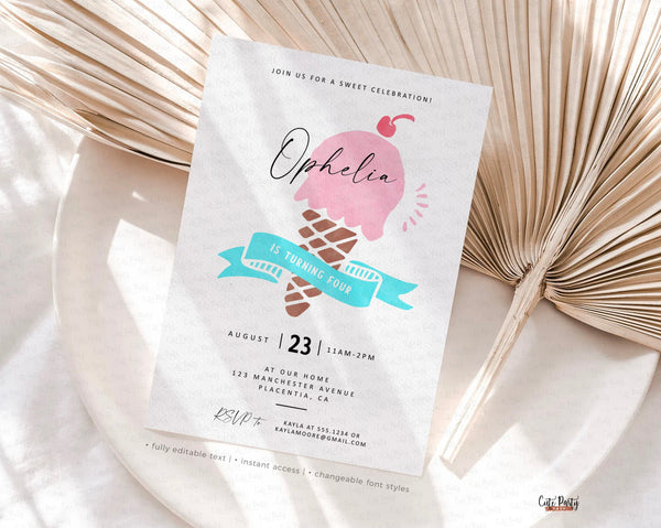 Minimalist Ice Cream Birthday Invitation, Editable ice cream party invite, Here's the Scoop birthday - Instant Download