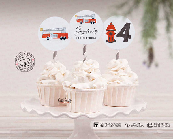Modern Minimalist Fireman birthday Party cupcake topper - Digital Download